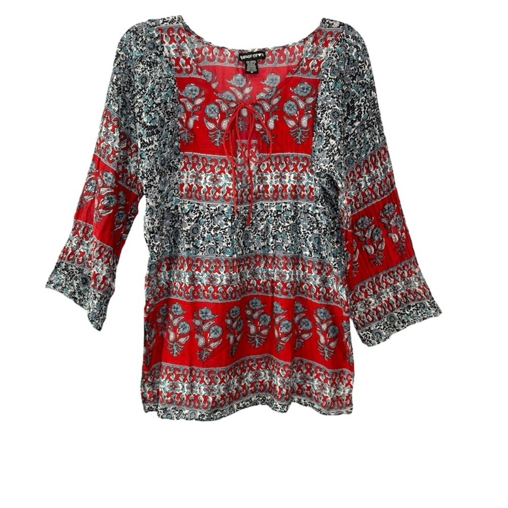 Crown Of Hearts Boho Paisley Cotton Tunic Top Tie Neck Medium - Picture 2 of 6